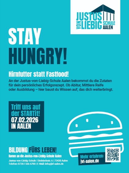 Flyer: Stay hungry! Hirnfutter statt Fastfood – Triff uns auf der STARTit! am 07.02.2026 in Aalen