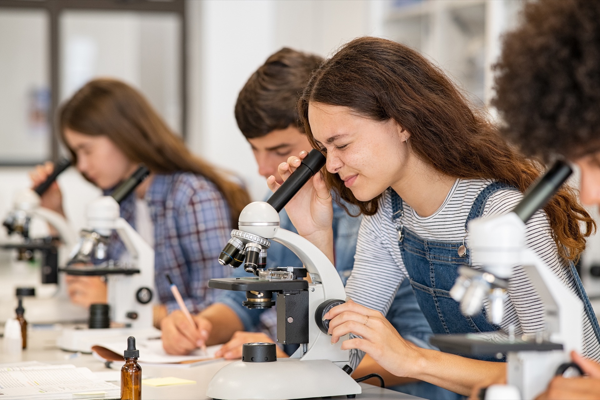 Schülerinnen und Schüler beim Mikroskopieren im Labor